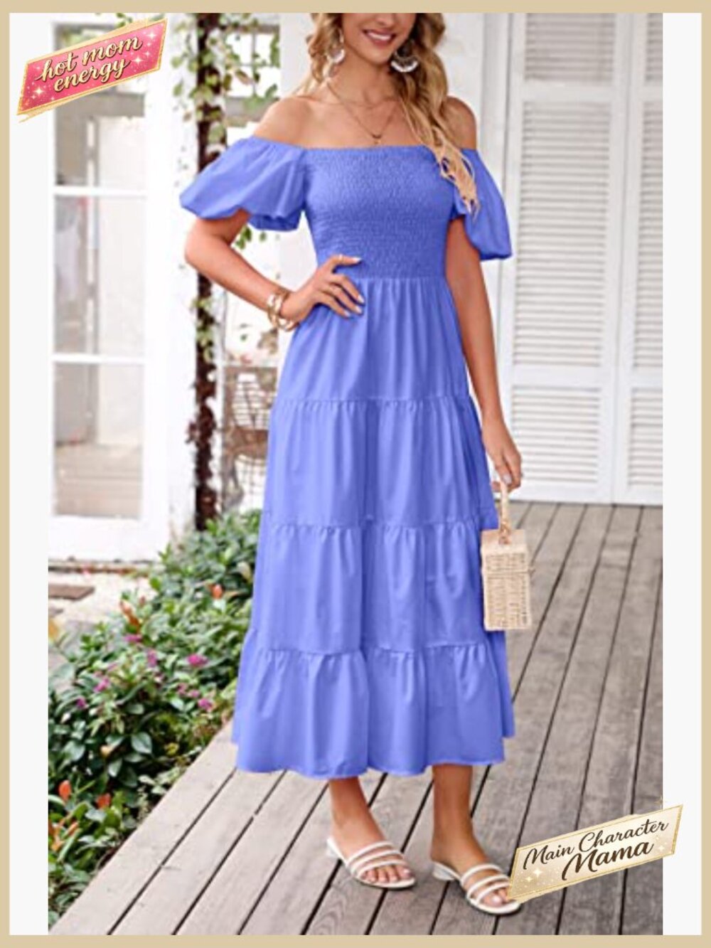 Tiered Square Neck Puffy Sleeve Midi Dress Smocked A-Line Spring Casual - Picture 6 of 7